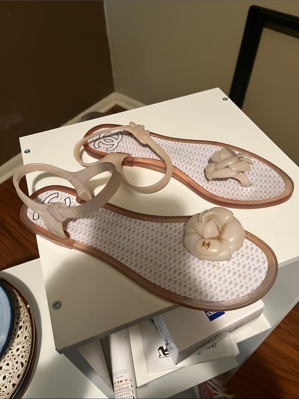 CHANEL Beige Camellia Jelly Thong Sandals